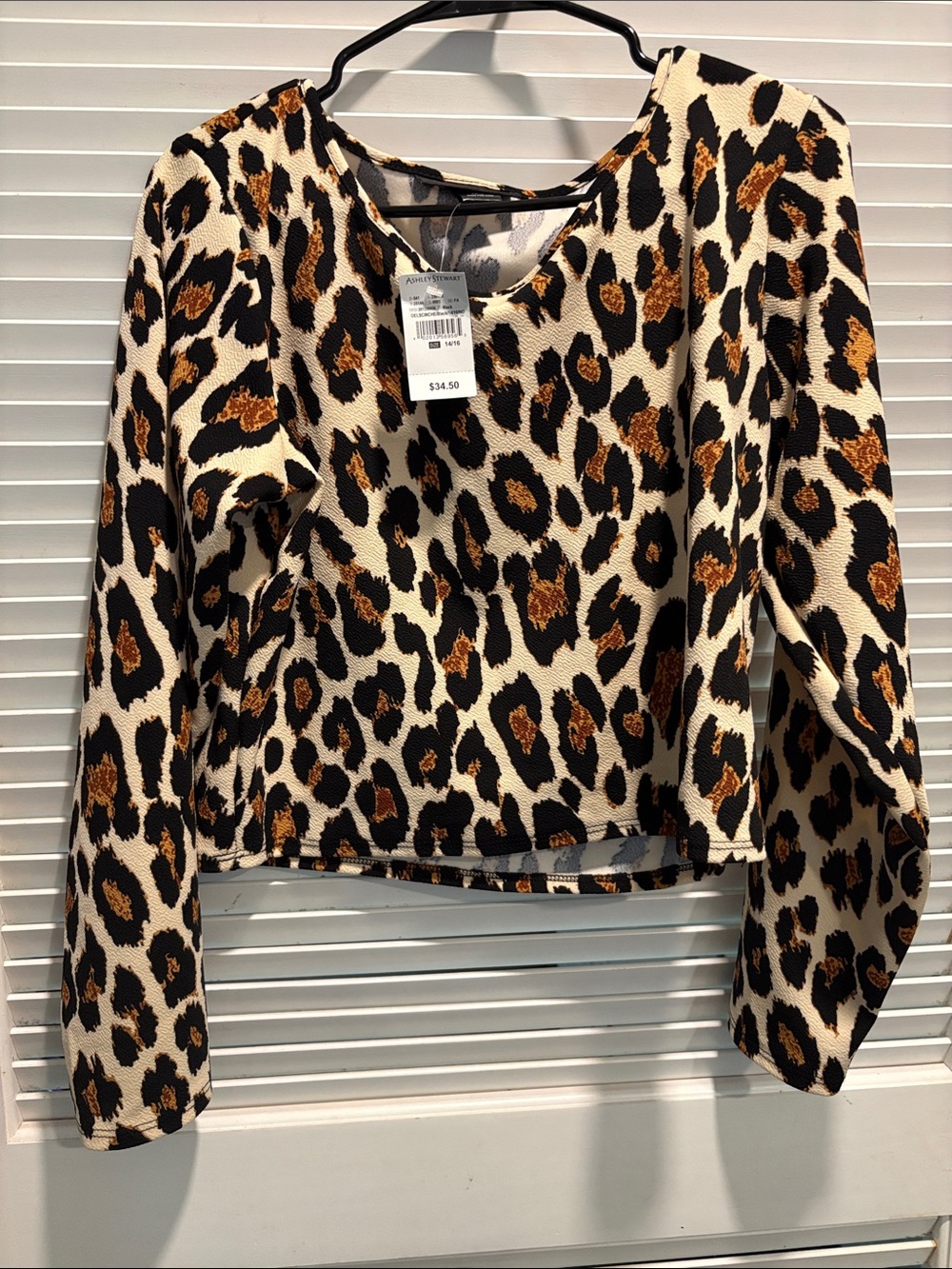 Ashley Stewart Leopard Print Long Sleeve Top in Cream, Brown and Black